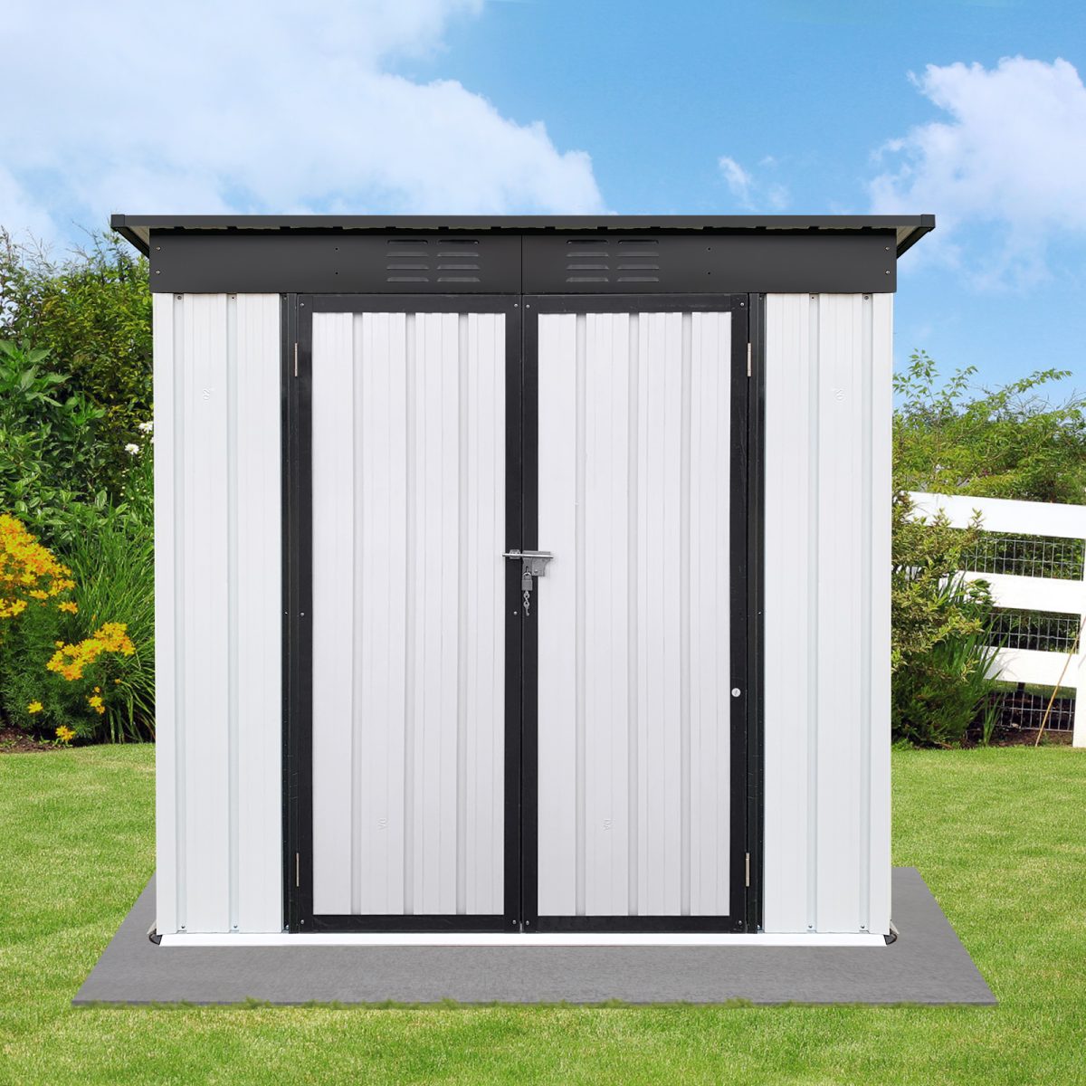 Grey single-slope roof metal tool shed